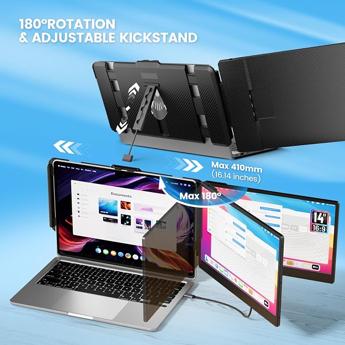 Cenerius 14" Laptop Screen Extender, FHD 1080P IPS Portable Monitor for Laptop, Dual Screen Monitor Extender Compatible with 13"-17" Laptops, HDMI/USB-A/USB-C Plug-Play for Windows, Mac, Android