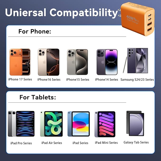 USB C Wall Fast Charger Block, 40W 4-Port Type C Charger Fast Charging Blocks +QC 3.0 USB C Multiport Charger Brick for Phone 17/16/15/14/13/12 Pro Max, Pad, Cosmic Orange