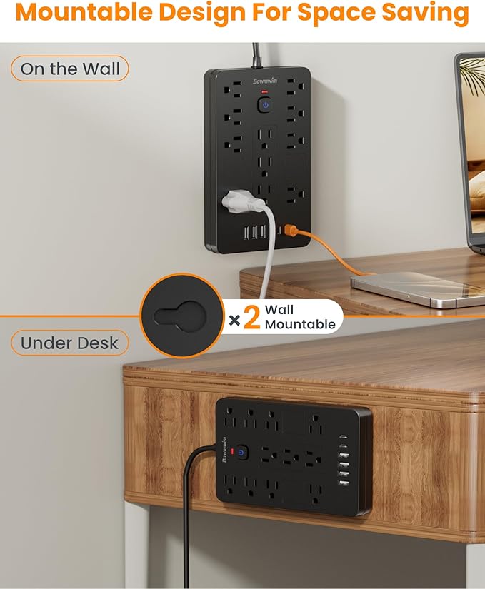 Surge Protector Power Strip - 11 Outlets(1850W/15A/14AWG) with 6 USB Ports(2 USB C), 20FT Flat Plug Extension Cord, Wall Mount, Black, ETL Listed for Home, Dorm Room