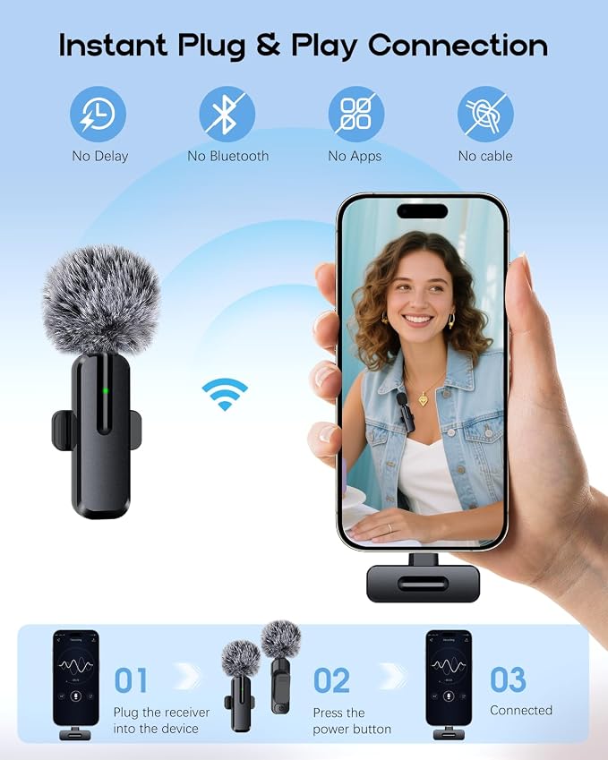 Wireless Mini Microphone for iPhone - Lavalier Microphone for Video Recording, 2 Pack Noise Reduction Clip-on Mini Lapel Mic for Tiktok YouTube Vlog Lives Podcast(iPhone 14 & Below)