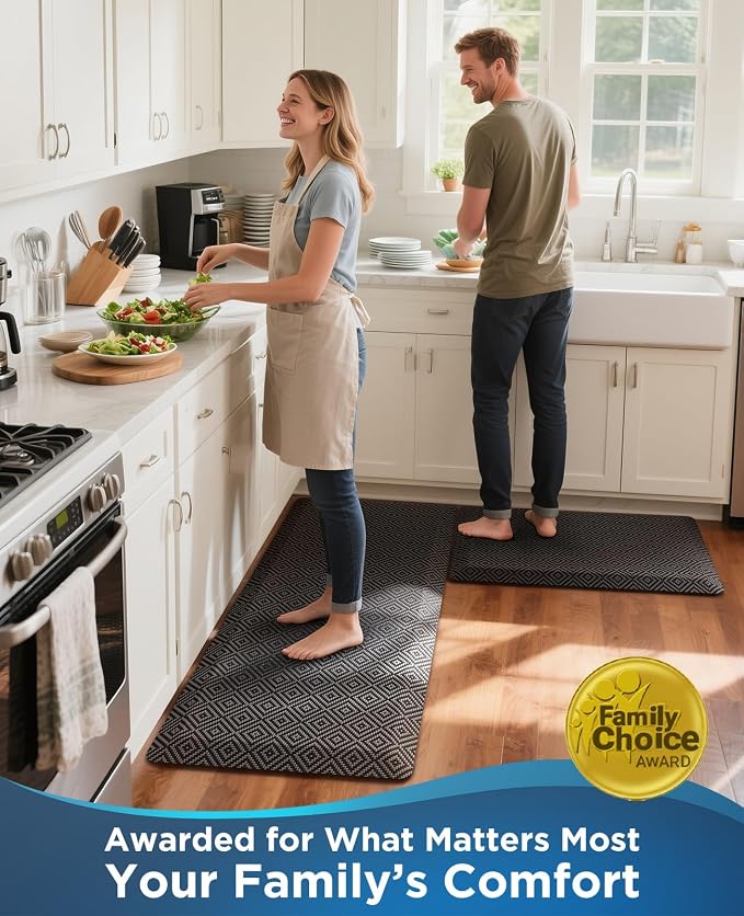 Ophanie Kitchen Mats for Floor, 3/4 Inch Thick Kitchen Rugs, 20'' x 60'' Anti Fatigue Standing Cushioned Mat, Waterproof,Comfort Ergonomic Mat for Office, Home, Sink, Black Non-Slip Bottom