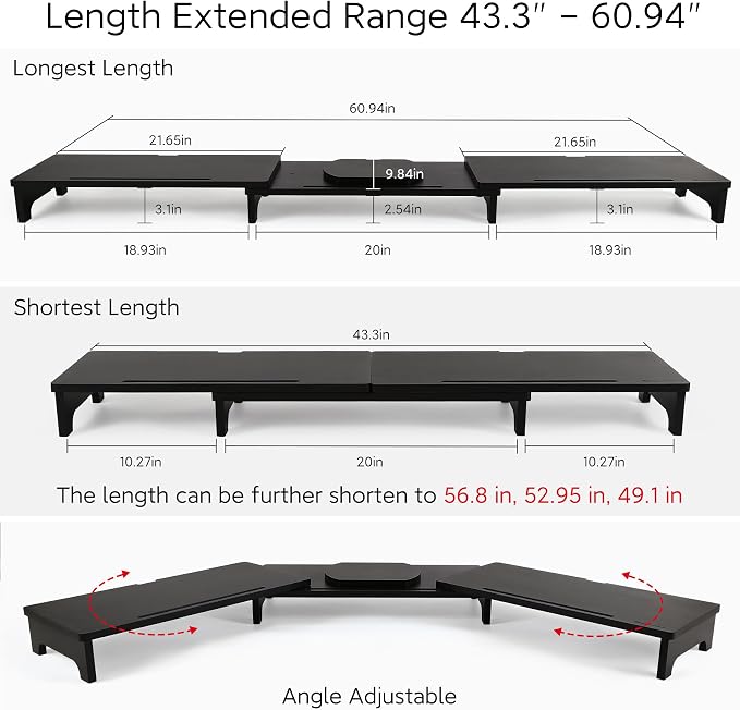 Nnewvante Monitor Stand Riser, 60 inch Large Bamboo Dual Monitor Stand for Desk, 3 Shelves Desktop Screen Riser with Adjustable Length Angle for Computer Laptop PC,Black