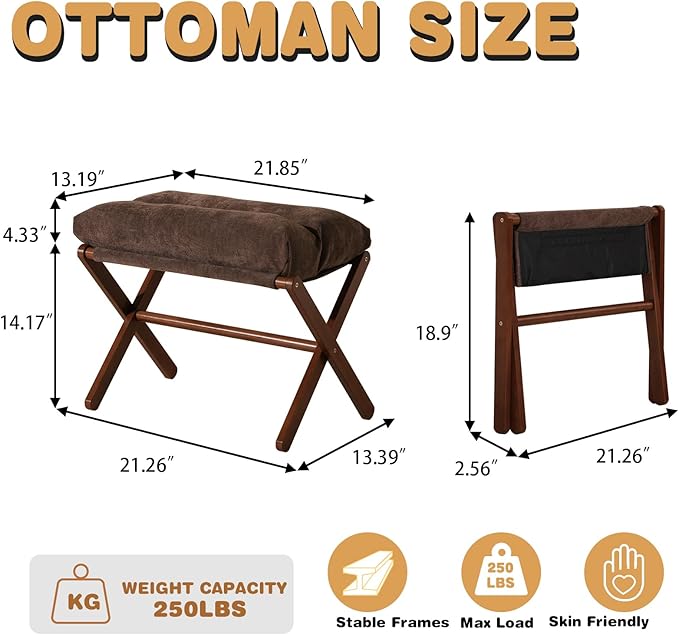 Baveke Ottoman Foot Rest- Bamboo Folding Stool, Foot Stools Small Ottman with Upholstered & X Legs, Foldable Stool for Makeup, Bedroom and Living Room (Large Brown)