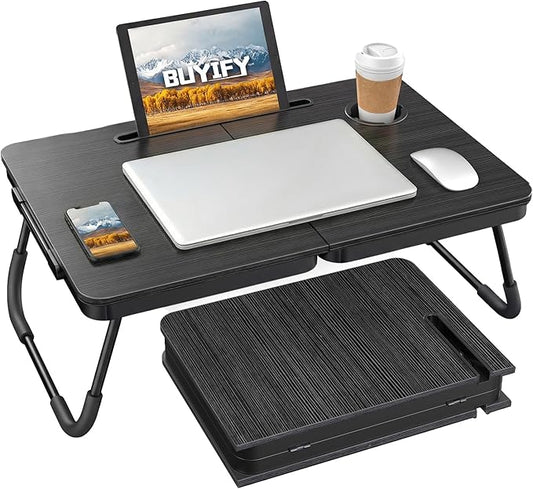 BUYIFY Foldable Laptop Bed Desk for Couch, Sofa - Large Lap Desk Tray Table with Cup Holder and Tablet Slot - Portable Notebook Stand for Eating, Writing, Studying and WFH -NEW-006