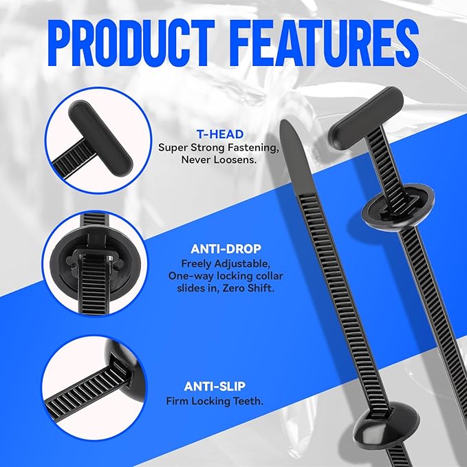AUTOKAY 200 Pcs Nylon Universal Cable Tie Buckle Zip Tie, Car Strap Style Zip Ties, Plastic Push Rivet Auto Body Parts Trim, Bumper Retainer Fender Liner Door Panel Fastener Wire Bundling, Home&Garage