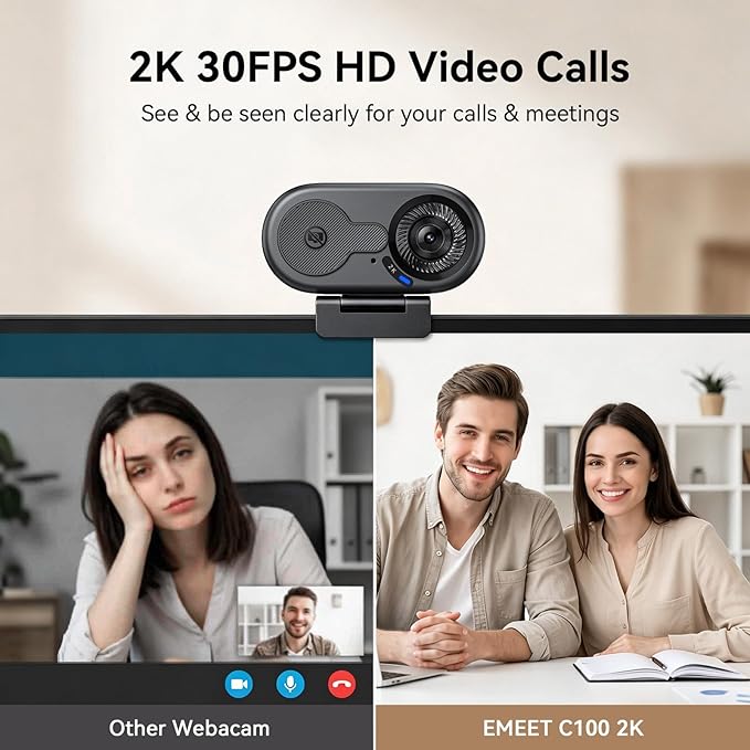 EMEET C100 2K Webcam for PC, Fixed Focus, 56.4° FOV, Built-in Mic, Privacy Cover, Portable Metal Clip, Computer Camera for Home Office, Online Learning, Meetings, Streaming, Desktop, Laptop, PC USB-A