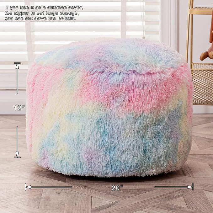 Asuprui Pouf Ottoman Unstuffed Round Bean Bag Poof Ottoman Seat Soft Faux Fur Footrest Stool 20x20x12 Inches Fuzzy Chair Floor Chair Foot Rest with Storage for Living Room Bedroom Rainbow Pouf Cover