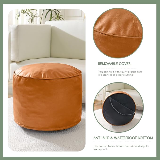 HIGOGOGO Round Stuffed Pouf Ottoman, Pu Leather Poufs with Foam Chunk Filling, Furry and Fluffy Pouf Foot Stool Storage Ottoman, 26 X 18 Floor Poufs Foot Rest for Living Room, Orange
