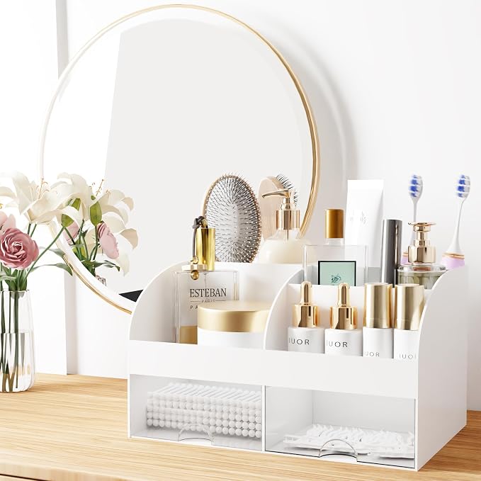 Makeup Organizer with Drawers, Cosmetic Storage for Dresser Vanity and Bathroom Countertop, Beauty Holder for Lipstick Brush, Skincare Organizer for Vanity, Cosmetic Display Case (White)