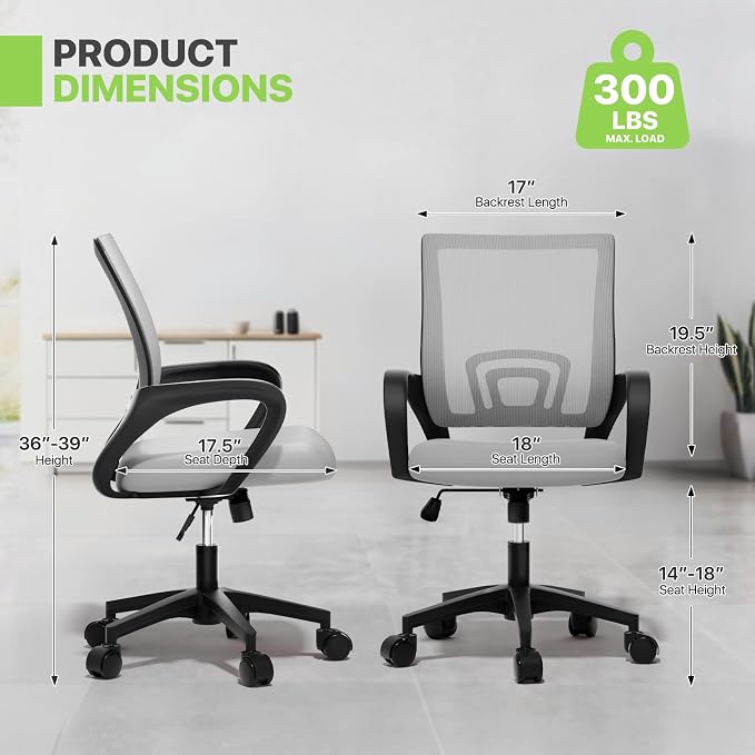 Magshion Ergonomic Office Chair Pack of 2, Mid-Back Mesh Desk Chair, Adjustable Swivel Computer Chair with Lumbar Support & Breathable Backrest for Gaming, Work, Study, 300 Lbs Capacity, Light Gray