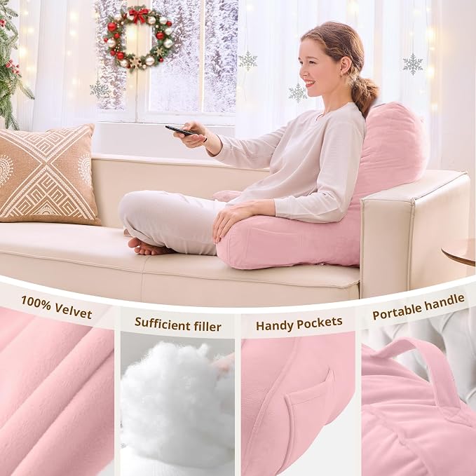 Sasttie Reading Pillow, Pillows for Reading or Relaxing – Ergonomic Support for Head, Neck, Back, and Lumbar, 21-Inch, Light Pink