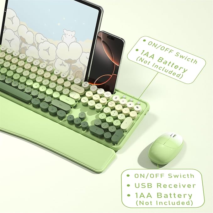 MPTOG Colorful Wireless Computer Keyboard and Mouse Combo with Phone Holder, Wrist Rest, Typewriter Keys, 2.4GHz Wireless, Full-Sized Optical Mouse for PC and Laptop(Green Colorful)