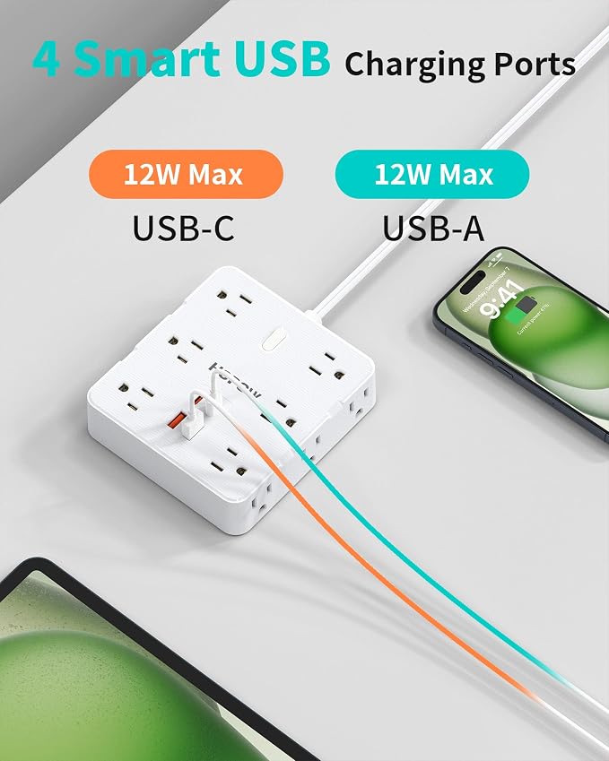 HOPOW 2 Prong Power Strip, 2 Prong to 3 Prong Outlet Adapter with 12 AC & 4 USB(2 USB-C), 1700J Two Prong Surge Protector, 5FT Extension Cord, Wall Mountable, Ideal for Old House Non-Grounded Outlets