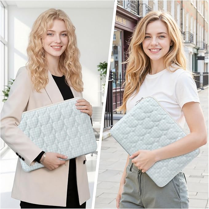 13-14 inch Cotton Quilted Laptop Sleeve for Women, Aesthetic Puffy Laptop Case Carrying Bag Compatible with MacBook Air/Pro 13/Pro 14, Soft Computer Liner Bag (Blue Gingham, 13.3inch)