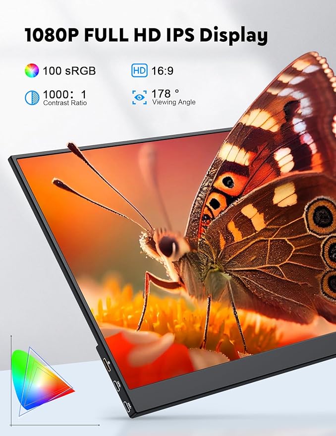 HONGO Portable Monitor with Stand 15.6”-Laptop Screen Extender 1080P FHD for USB C hdmi Portable Screen Display Vesa Compatible for Windows Mac/Android/Switch/PS5