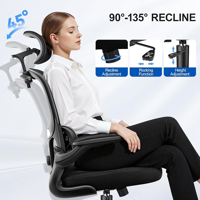 ALLGOD Ergonomic Office Chair, Mesh Desk Chair with Lumbar Support, High Back Home Office Chair with Adjustable Headrest and Flip-Up Arms, Comfortable Computer Chair, Thick Cushion, Black-6 Pack