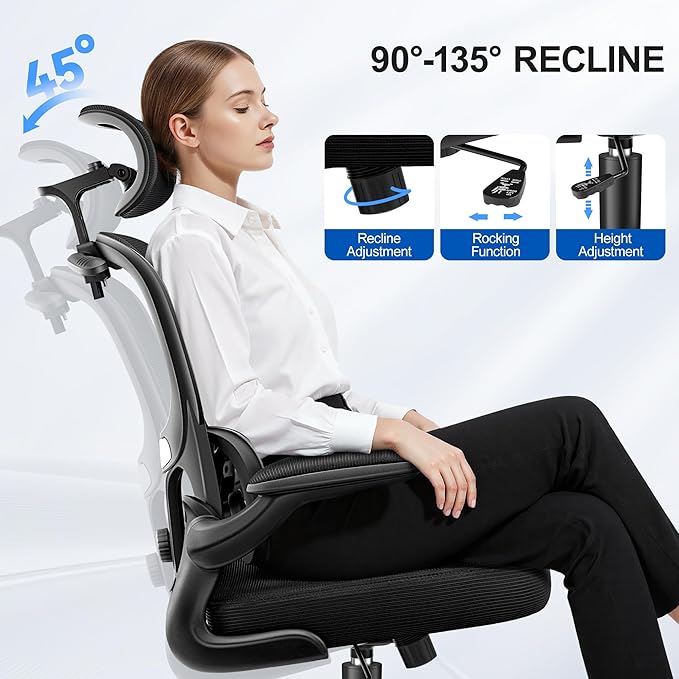 ALLGOD Ergonomic Office Chair, Mesh Desk Chair with Lumbar Support, High Back Home Office Chair with Adjustable Headrest and Flip-Up Arms, Comfortable Computer Chair, Thick Cushion,Black-8 Pack
