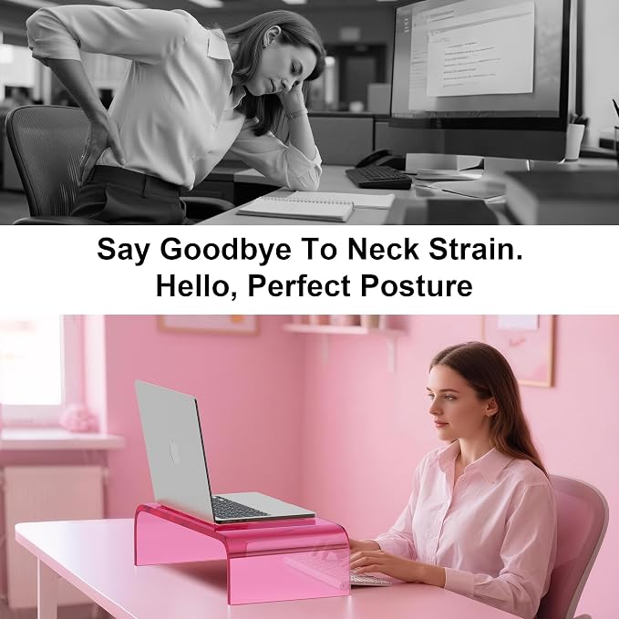 Acrylic Monitor Stand Riser Acrylic Laptop Stand for Desk Clear Computer Monitor Stand for Desk Accessories iMac Organizer Office Must-Haves Product for Office Home Bright Pink