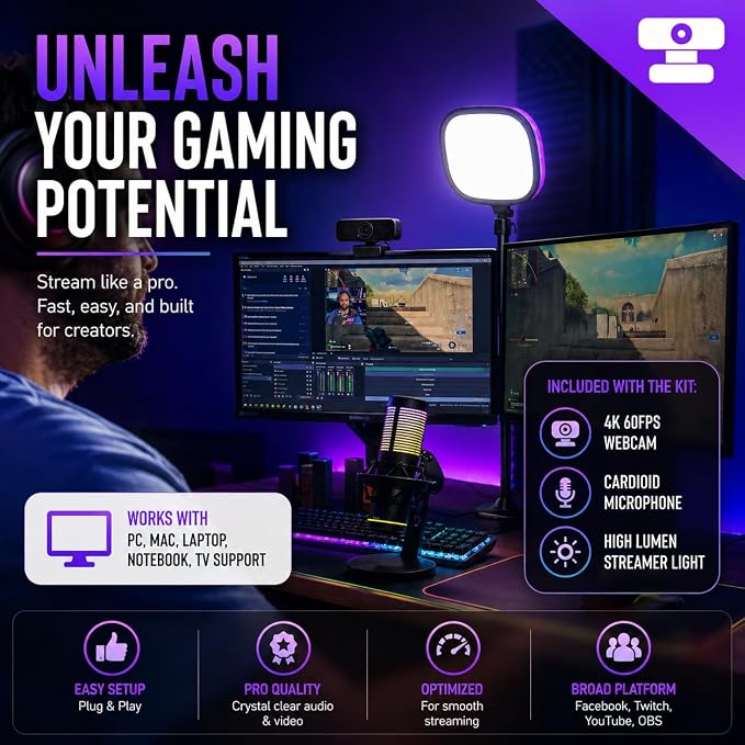 Live Video Streaming Kit (Deluxe)-for Video Call, Gaming, Podcast, YouTube, Content Creation- Includes 2k 60 FPS Webcam, Professional Cardioid Microphone, and LED Flat Light for Android/MAC/Windows