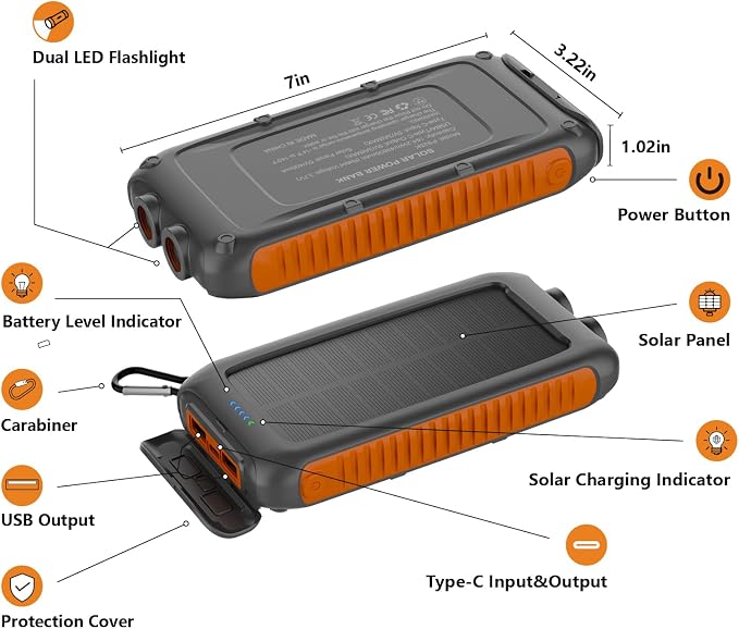 Solar Charger Power Bank 49800mAh Portable Solar Phone Charger with 2 USB-A and Type-C Interface, 15W Fast Charging for iPhone, Samsung etc. Portable Battery Charger with Dual Flashlight for Camping