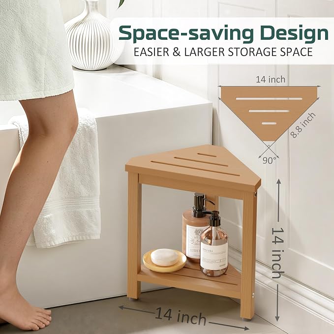 Shower Foot Rest 14in, HDPE Waterproof Shower Stool for Inside Shower, Corner Shower Stool for Shaving Legs with Storage Shelf, Shower Step Stool for Small Space, Plastic Corner Shower Bench, Teak