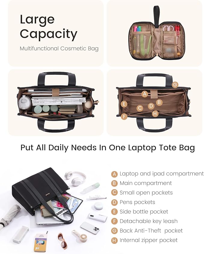 LOVEVOOK laptop bag for women 15.6 inch large Lightweight canvas work tote bags with Clutch Purse water resistant computer bags for laptops for women Business Office Travel college Casual, black