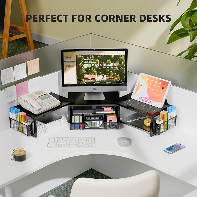 Simple Trending Desk Organizers and Accessories, Dual Monitor Stand Riser with Drawer and 2 Pen Holder, Shelf for Top of Desk, Black