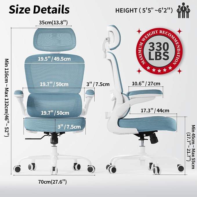 TRALT Ergonomic Office Chair - Desk Chair with Adjustable Headrest Lumbar Support Computer Chair - Mesh Comfy Chair with Flip-up Armrests - Gaming Chairs for Adults Home Office (PU Leather, Blue)