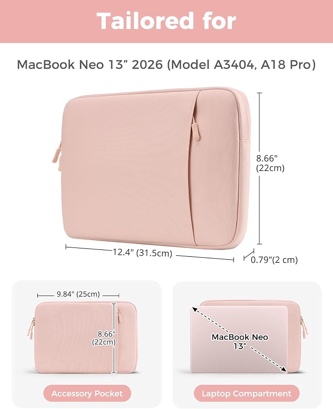 ProCase Laptop Sleeve for MacBook Neo 13 inch 2026 (Model A3404, A18 Pro), Protective Case with Soft Lining, Slim Travel Sleeve with Pocket for Accessories, Tailored for MacBook Neo 13” -Blush
