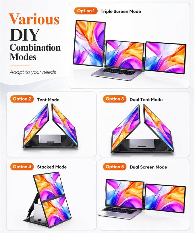 NGTeco 16" Triple Laptop Screen Extender, 1200P IPS Extended Monitor Portable, Plug & Play, Rotation Detachable Screen, Compatible with Windows/Mac/Chrome OS