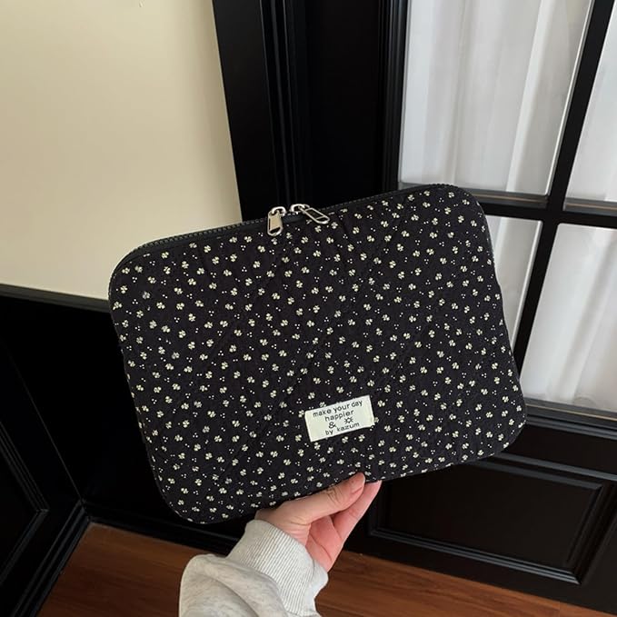 Puffy Laptop Sleeve 13-15.6 Inch Corduroy Quilted Laptop Protective Case Cute Floral Computer Sleeve Protective for MacBook (Black Ditsy Floral, 11 Inch)