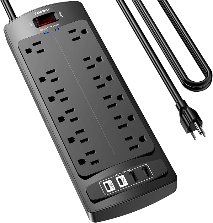 10 Ft Extension Cord Power Strip, Teiobar Surge Protector with 12 AC Outlets and 4 USB Ports for Home, Office, Dorm Essentials, 1875W/15A, 2700 Joules, ETL Listed, Black