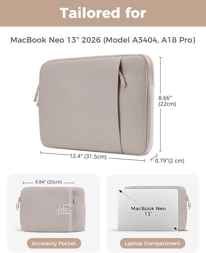 ProCase Laptop Sleeve for MacBook Neo 13 inch 2026 (Model A3404, A18 Pro), Protective Case with Soft Lining, Slim Travel Sleeve with Pocket for Accessories, Tailored for MacBook Neo 13” -Silver