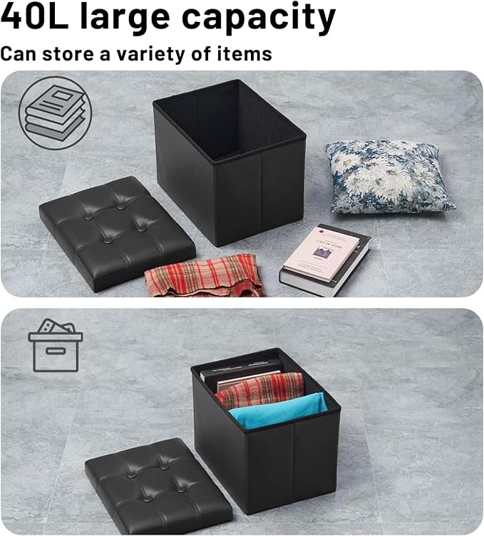 Bsketa Storage Ottoman Foot Rest Stool, Small Leather Storage Ottomans Bench, Folding Footstool with Side Pockets, Foot Rest Under Desk for Living Room Bedroom, 16x12x12 in, Black
