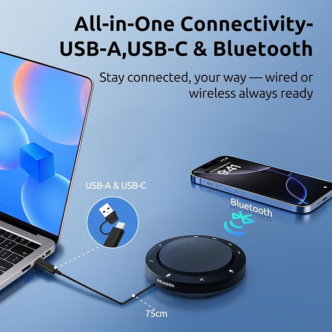 Bluetooth Speakerphone for Conference Calls – 2 AI Noise Reduction Mics, 360° Voice Pickup, USB-C & USB-A Adapter, 10-14H Playtime, Compatible with Zoom/Teams/Skype/Meet