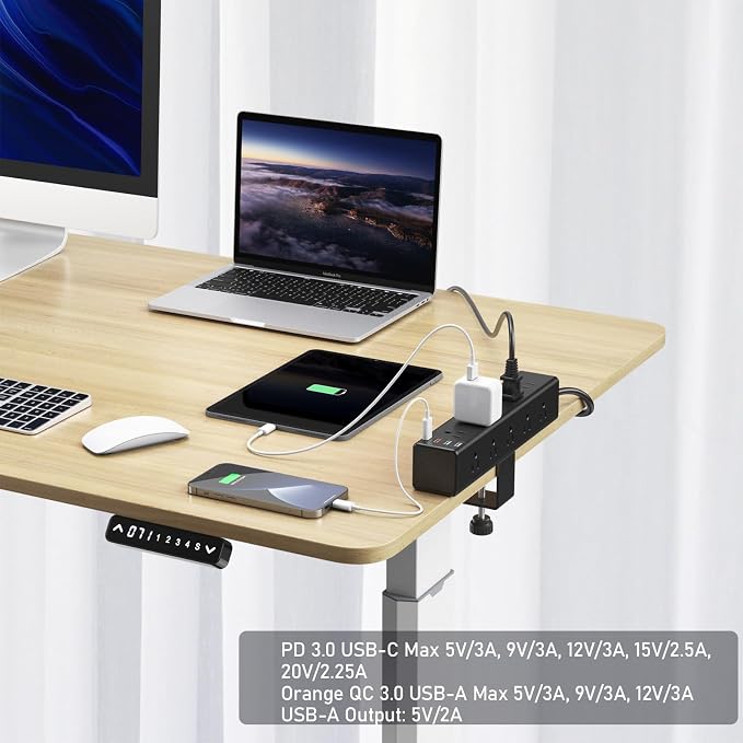 CCCEI Standing Desk Clamp Power Strip with 15 Outlets, Black Desktop Edge Mount Surge Protector Outlet, Fast Charging USB-A and 45W USB-C Ports, 10 FT Flat Plug, Black Fit 1.6 inch Table top.