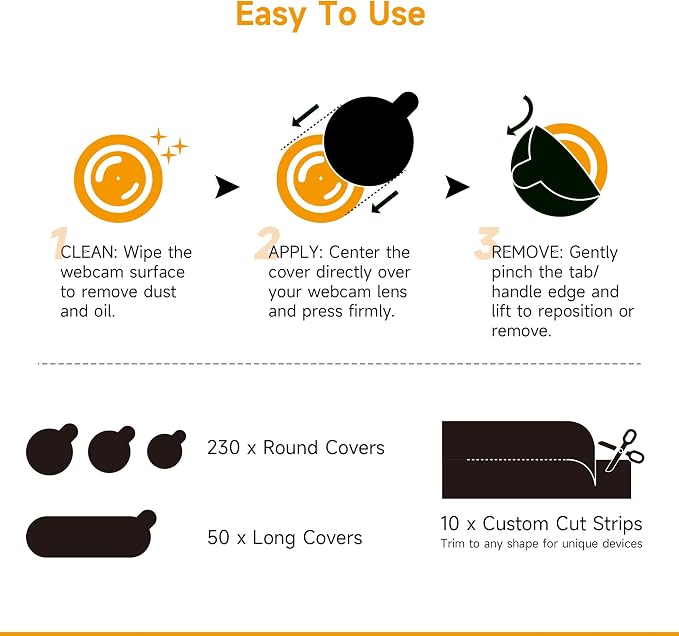 Black Webcam Covers, 290-Pack Restickable Camera Privacy Stickers, Multiple Sizes, Matte Vinyl, No Residue, for Laptop, Phone, Tablet, Smart TV