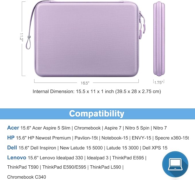 FINPAC 15.6-inch Hard Laptop Sleeve Case Compatible with 15.6 Inch Acer Aspire, Shockproof Computer Carrying Case for HP Dell Razer Samsung Laptop Chromebook, Lilac