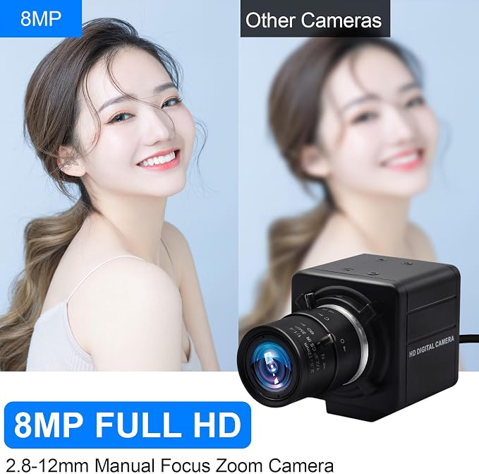 MMlove 8MP USB Camera High Speed 30fps 2.8-12 4X Optical Zoom Lens 2448P USB Webcam Manual Close up Zoom in and Out Golf Swing Camera for Industrial Machine Vision Support PC Raspberry Pi