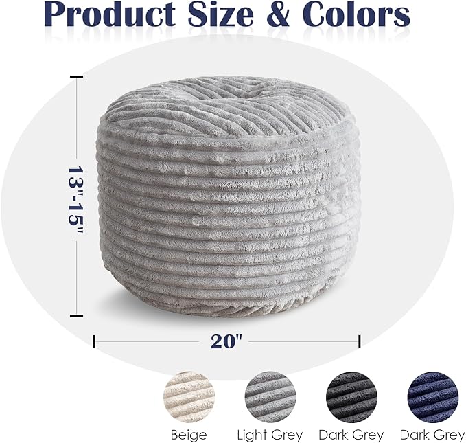 Round Ottoman,Corduroy Pouf Ottoman Foot Rest,Storage Footstool for Living Room,20x15 Soft Floor Poufs,Memory Foam Filling - Light Grey, 20x15 in