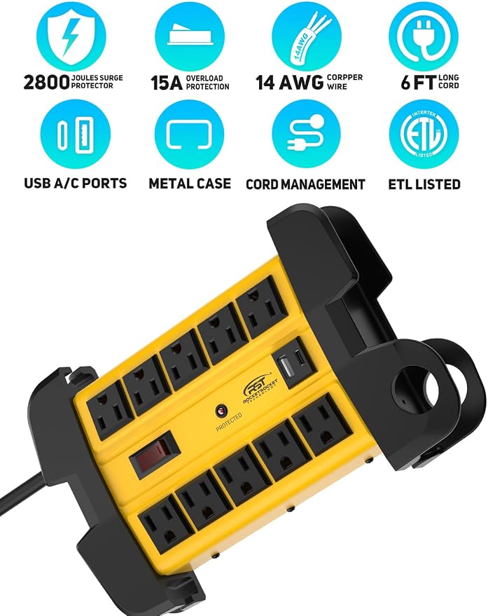 CRST Heavy Duty Power Strip with USB-C,10-Outlet Metal Surge Protector Power Strip with 6FT Cord(2800J),15A Circuit Breaker, Wall Mount, Cord Management, ETL Listed (6FT 2USB 2800J)