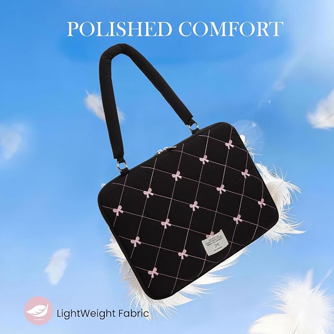 Cute Bow Laptop Case Coquette 13-15 Inch Puffy Laptop Sleeve Accessories Aesthetic Quilted Computer Bag for MacBook (Black, 15-15.6inch)