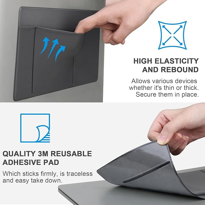 Lacdo 3-Pocket Mouse Holder for Laptop Stick on, External Hard Drive SSD Holder for Laptop, Stick on Pouch Organizer Adhesive Pocket Storage Sleeve for Mouse/HDD/SSD/Cables, Computer Accessories, Gray