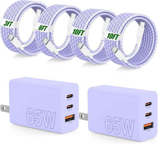 65W Super Fast Charger Type C for Samsung,3 Port 100W Quick Charging 3.0 USB C Block & 3/6/10/10FT Braided Type C Cord for Samsung Galaxy S26 Ultra/S26/S25 Ultra/iPhone 17 Pro/MacBook Pro/Air-Purple