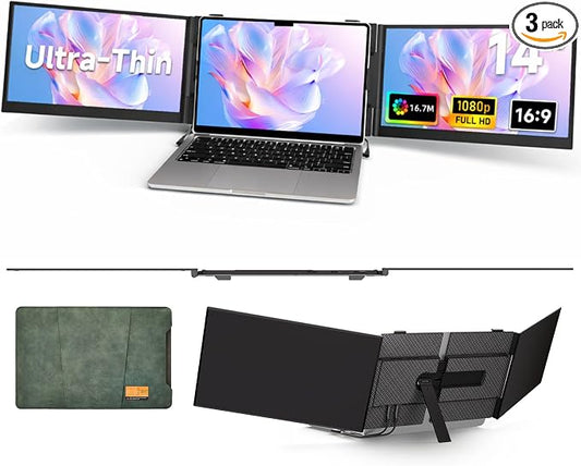Triple Laptop Screen Extender, 2.2lb 14" FHD Ultra-Light Multiple Laptop Monitor Extender, Ultra-Thin Portable Monitors Attachable for 13.3-17" Laptops, Triple Screen Extender for Windows/Mac/Chrome