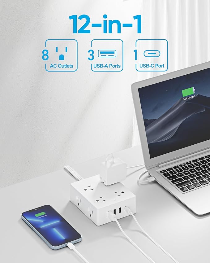 Surge Protector Power Strip 15 ft Cord, Olcorife Ultra Thin Flat Plug Extension Cord, 8 Outlets 4 USB Ports(1 USB C), Flat Plug Outlet Extender, College Dorm Room Essentials, White