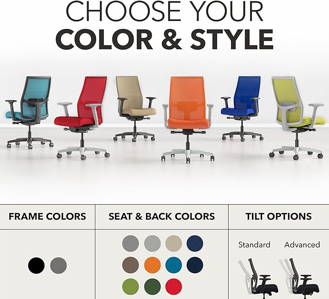 HON Ignition 2.0 Mid‑Back Ergonomic Office Chair, Mesh Task Seating with Lumbar Support, Advanced Synchro‑Tilt, Height and Width Adjustable Arms, Black Frame, Sky