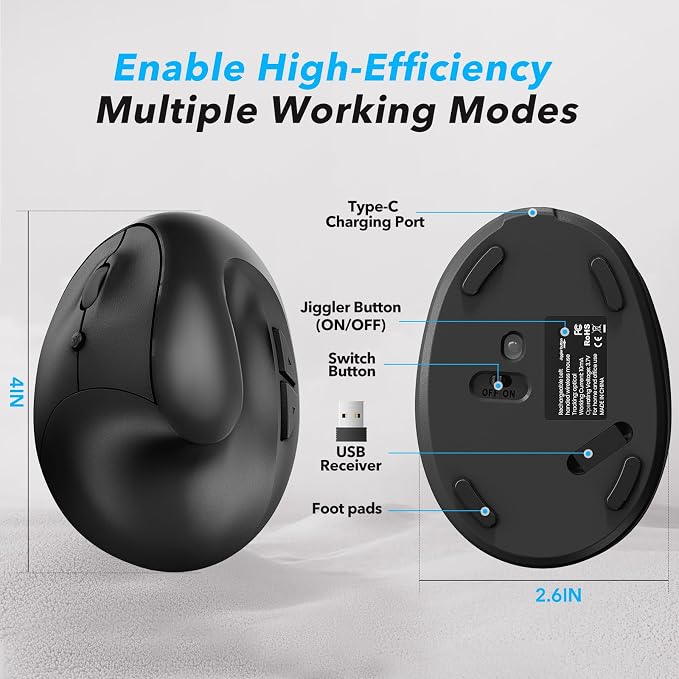 Left Handed Ergonomic Mouse Jiggler,Vertical Wireless & Rechargeable,2.4G USB Carpal Tunnel Lefty Mice with Undetectable Random Movement Keeps PC Laptop Awake-Black