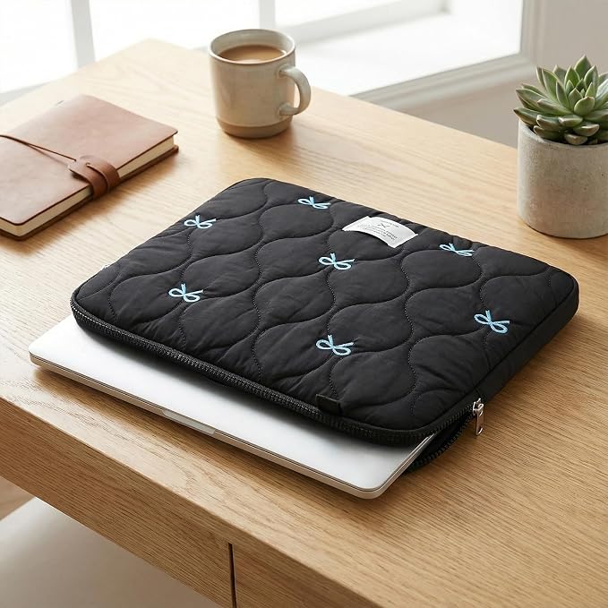 Cute Bow Laptop Case Coquette 13-15 Inch Puffy Laptop Sleeve Accessories Aesthetic Quilted Computer Bag for MacBook (Black 1, 15-15.6)