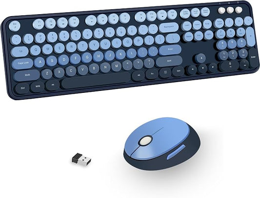 Kootop Wireless Keyboard and Mouse Combo, Cute Colorful 104 Keys Typewriter Retro Round Keycaps Keyboard for PC Laptop,Desktop,Windows, Home and Office Keyboards(Blue)